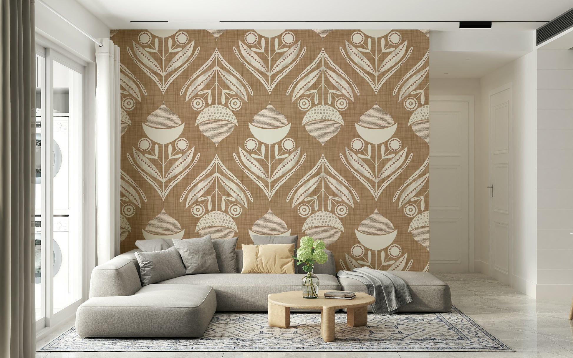 Earthy botanical wallpaper featuring abstract floral shapes on a textured brown backdrop