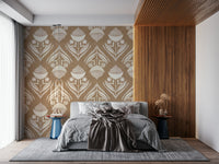 Brown wallpaper with symmetrical folk-inspired floral illustrations in a soft cream palette