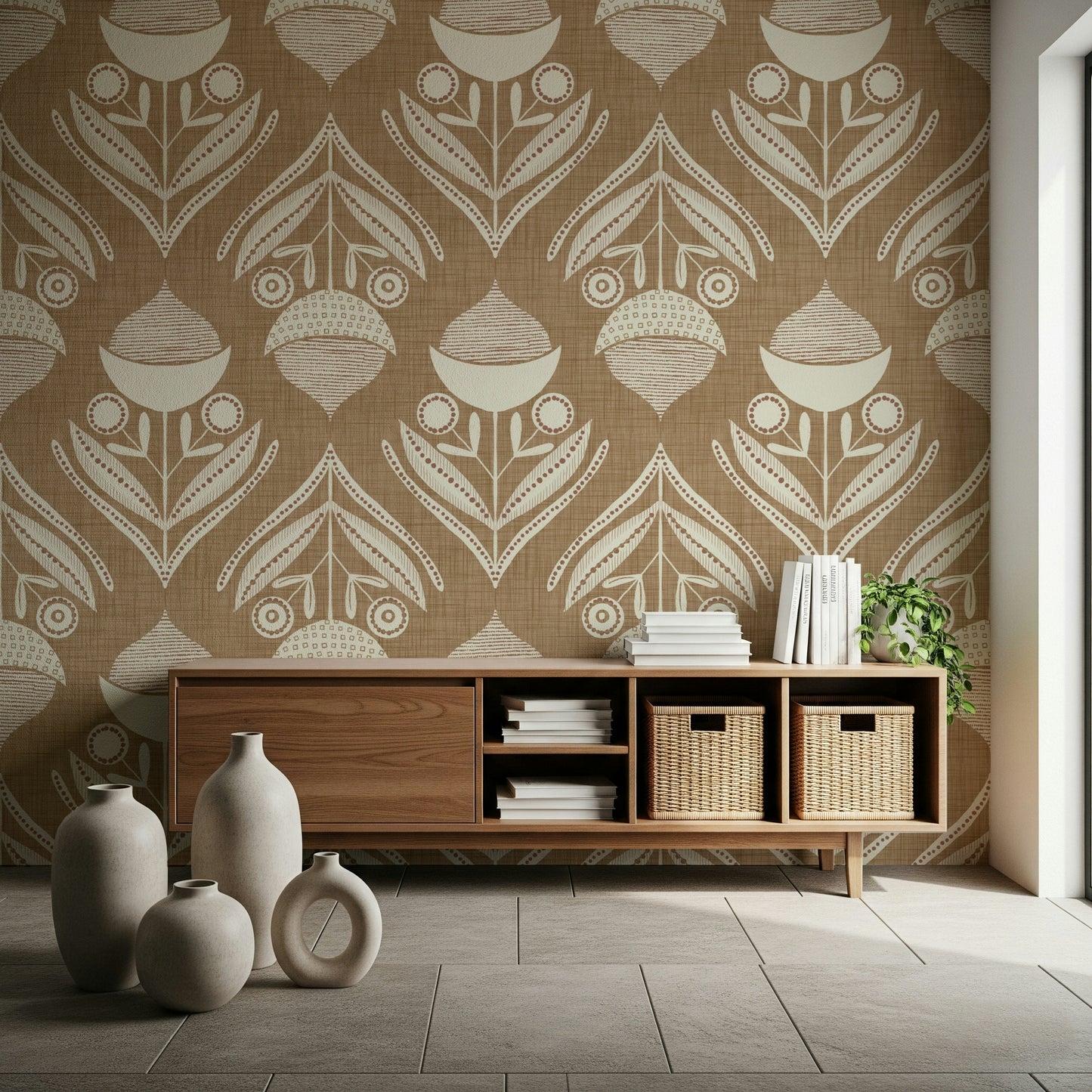 Folk-style floral motif with rounded buds, seed pods, and arched leaves in soft neutral tones