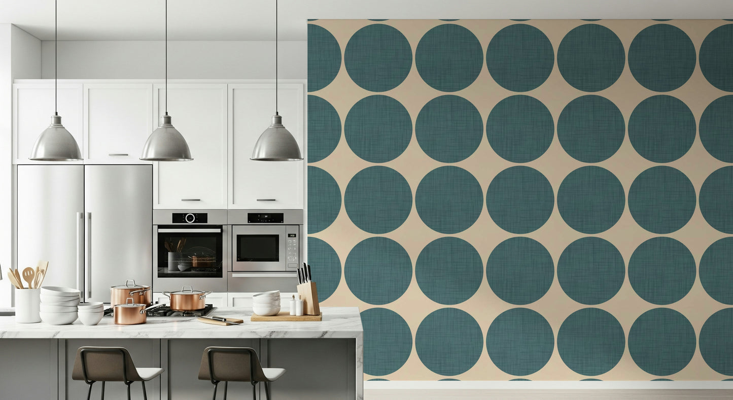 Clean and bold repeating dot pattern with teal circles spread evenly across beige