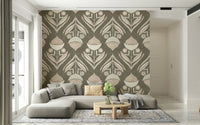 Gray wallpaper with decorative neutral blooms and geometric botanical accents in a soft palette