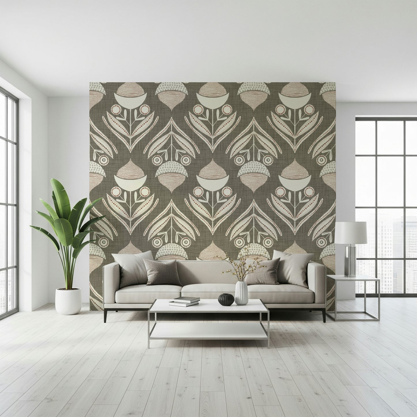 Neutral botanical wallpaper featuring abstract floral shapes arranged in a rhythmic repeating pattern
