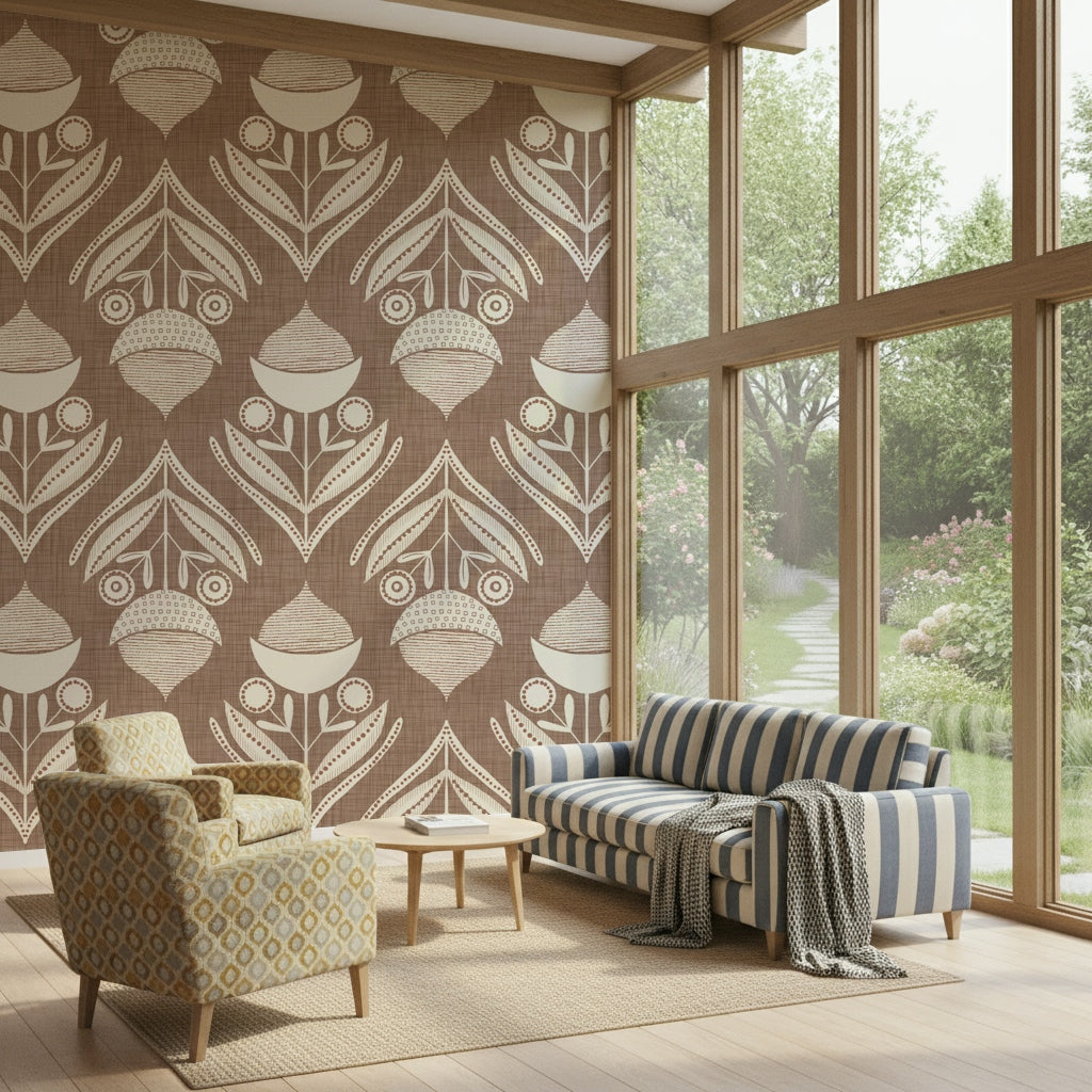 Artistic floral wallpaper with abstract folk shapes and cream-on-brown contrast