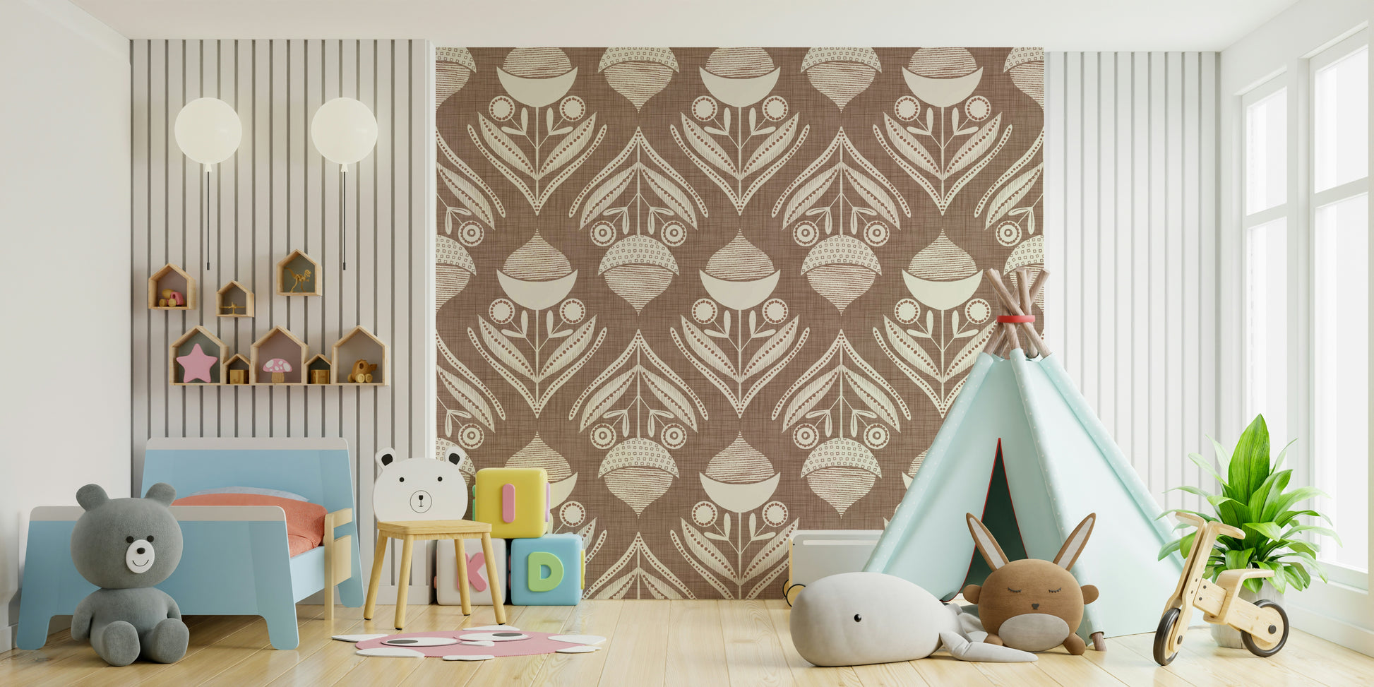 Stylized folk-inspired floral pattern with symmetrical blossoms and leaves in beige over brown