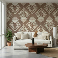 Vintage folk art wallpaper showcasing abstract cream flowers arranged in a structured pattern