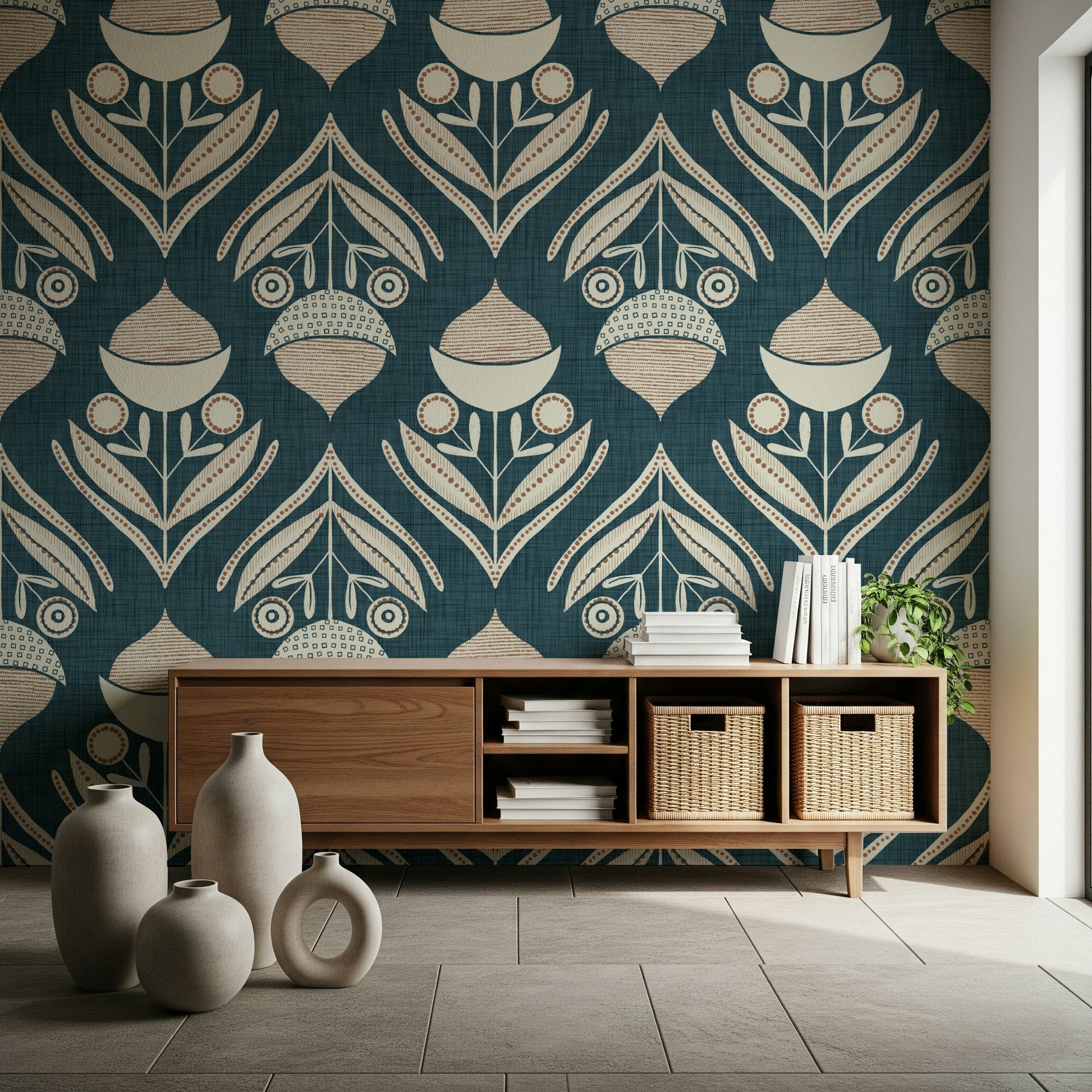 Repeating floral design with abstract seed pods and rounded buds set against textured teal