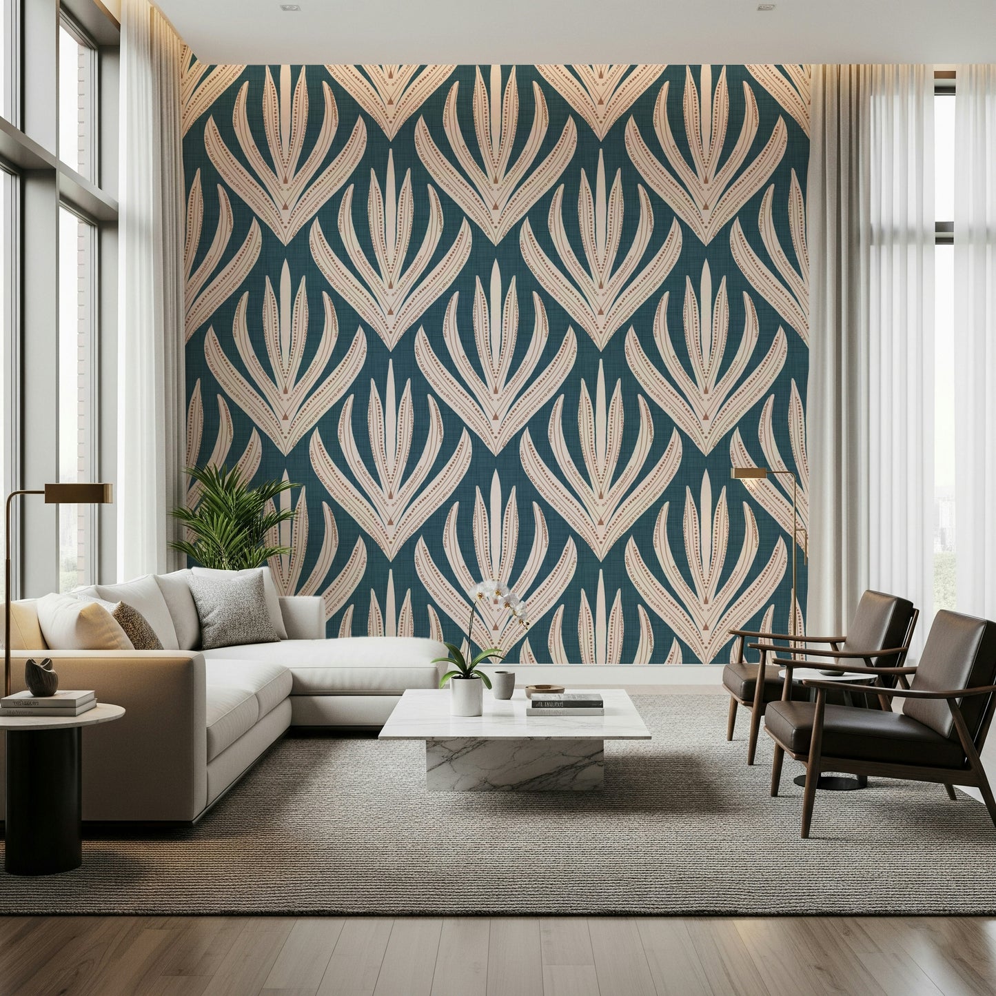 Patterned wallpaper mural featuring Aztec-inspired floral shapes on a textured deep teal surface.