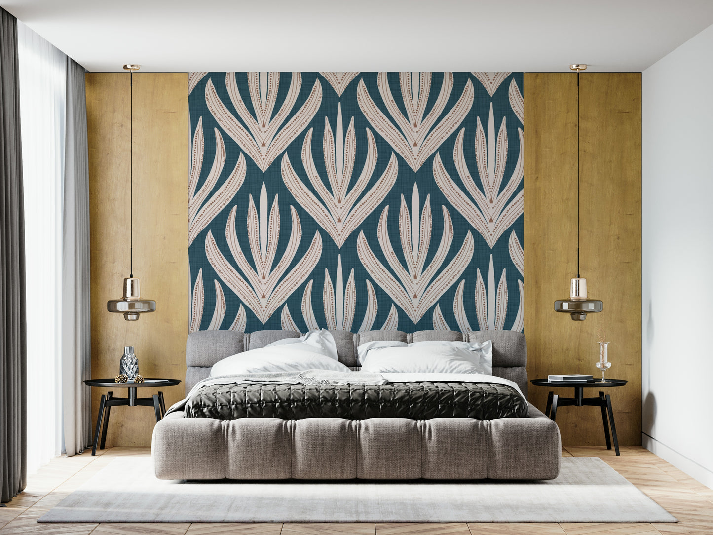 Artistic wallpaper mural with bold tribal-inspired botanical motifs in a structured layout.