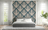 Graphic botanical wallpaper with repeating cream and rust Aztec motifs in a modern style.