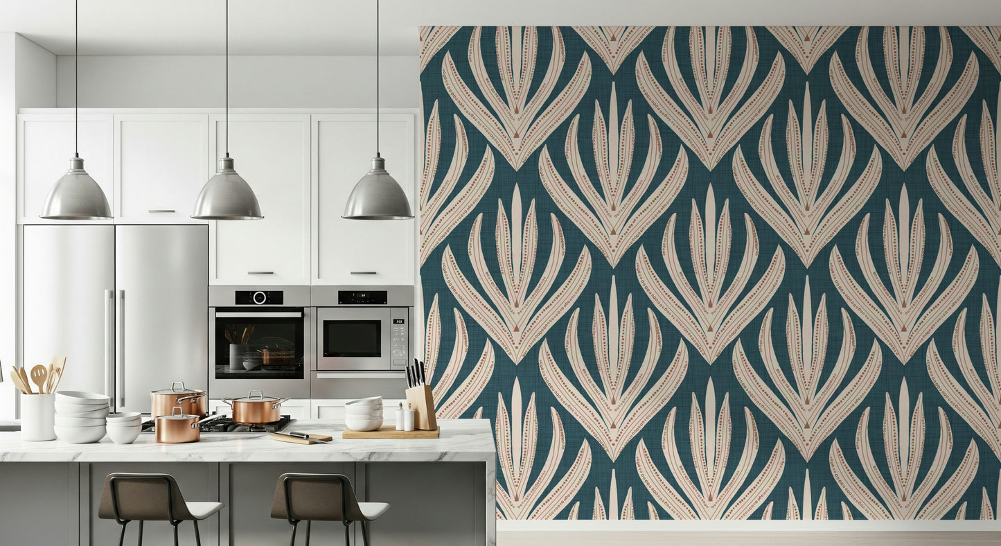 Decorative wallpaper mural with striking Aztec-style botanical elements on a rich teal backdrop.