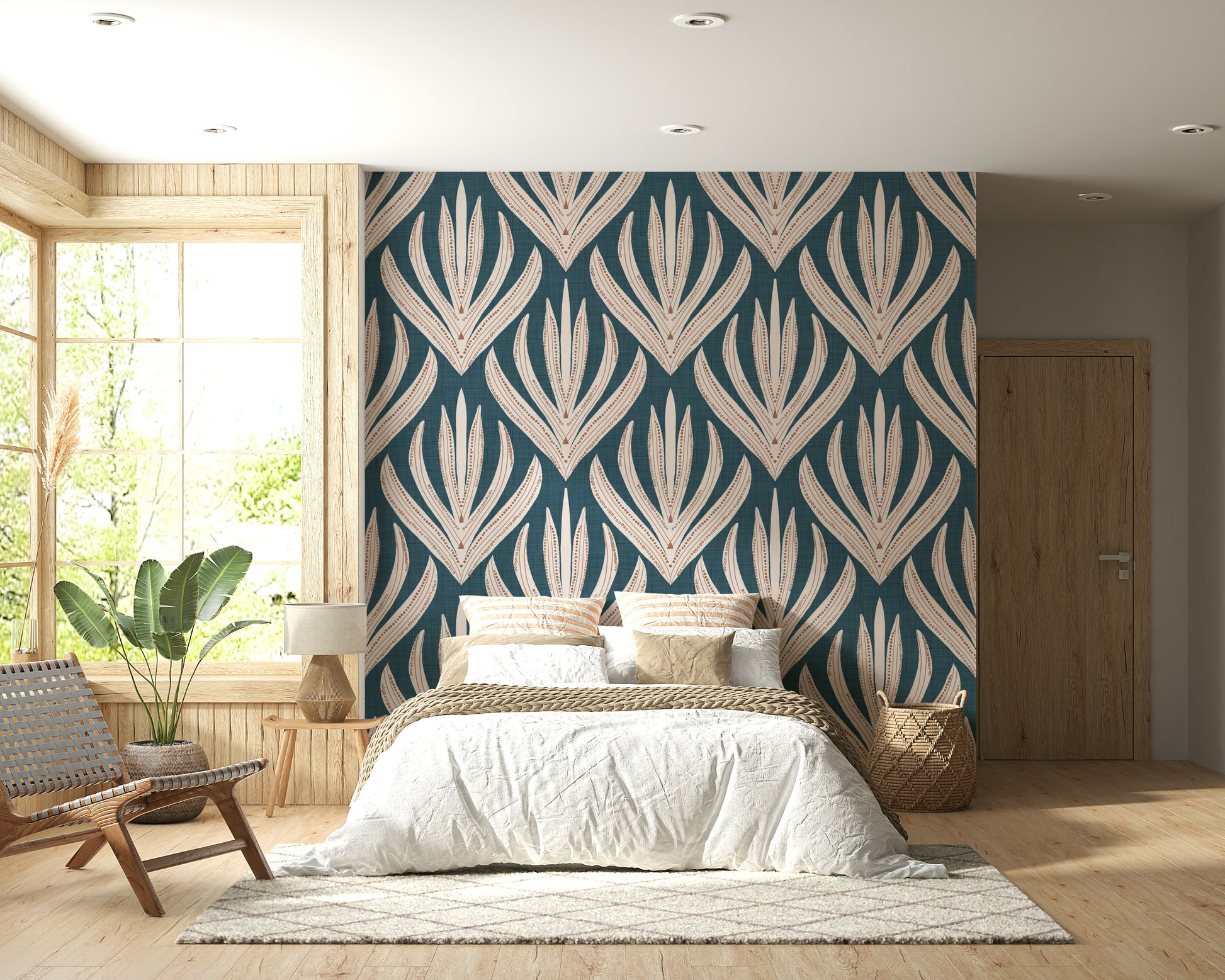 Contemporary Aztec floral wallpaper featuring repeating cream geometric leaf forms.