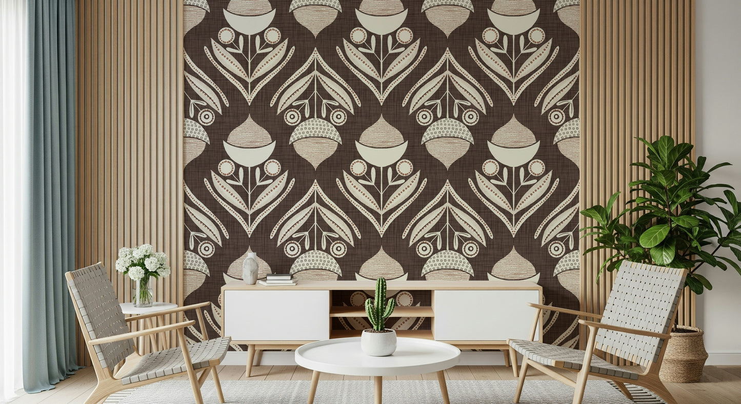 Earth Tone Floral wallpaper showcasing bold cream florals with linework accents over a textured brown base.