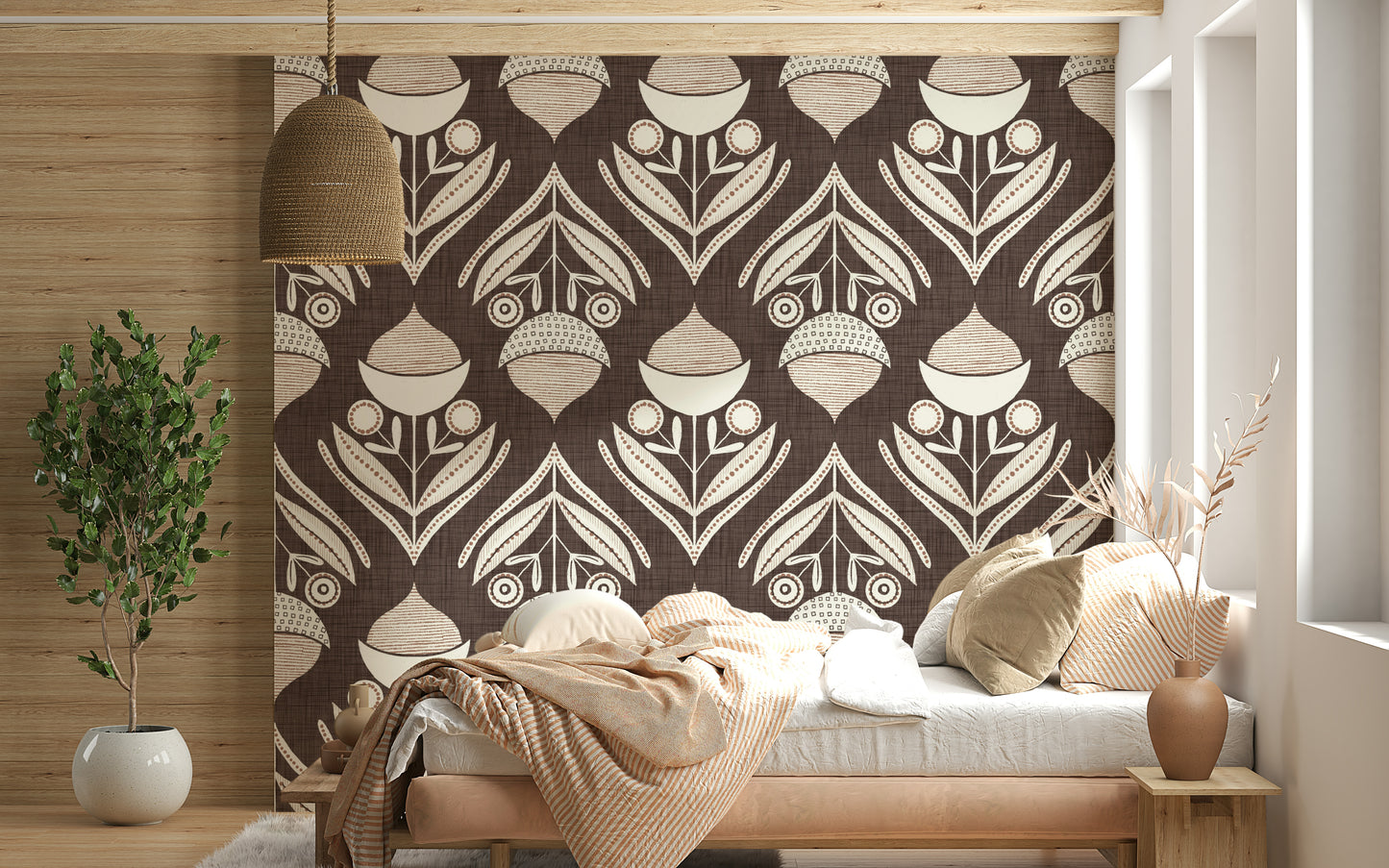 Decorative wallpaper mural with symmetrical floral shapes and earthy geometric detailing.