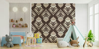 Vintage-inspired wallpaper mural with symmetrical earth-toned florals arranged in a repeating layout.