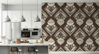 Earth Tone Floral wallpaper featuring stylized botanical motifs in cream and muted red on a deep brown background.