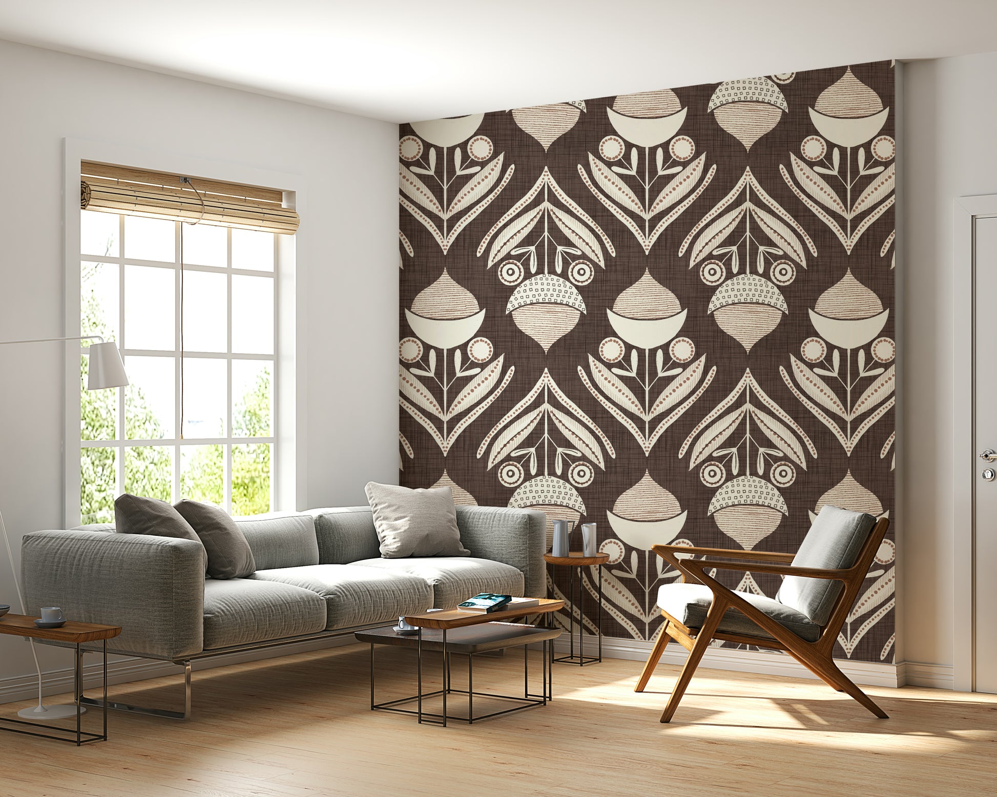 Rustic wallpaper mural with repeating botanical emblems and warm earth-toned patterns.
