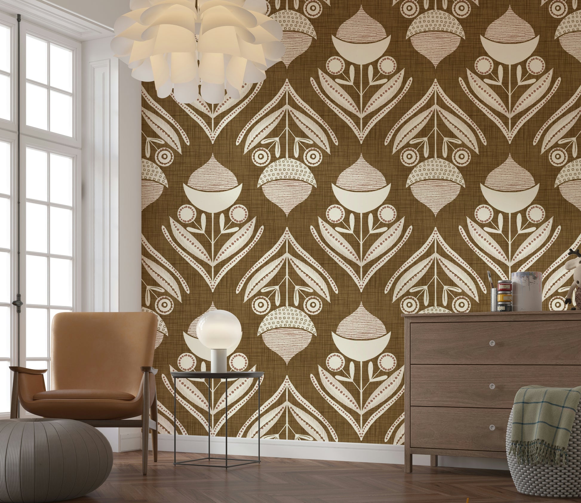 Artistic wallpaper mural showcasing organic floral motifs in neutral and warm earthy colors.