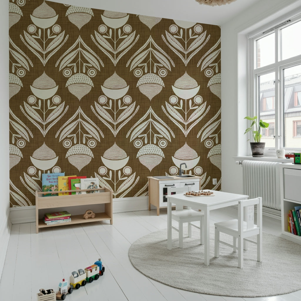 Rustic Floral wallpaper featuring abstract flower shapes and leaf motifs in a symmetrical pattern.
