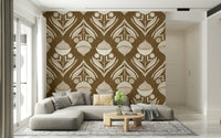 Rustic Floral wallpaper with charming stylized blooms and curved leaf forms in a repeating design.