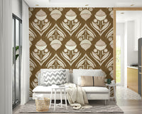 Decorative wallpaper mural with earthy brown tones and ornamental folk-style floral designs.