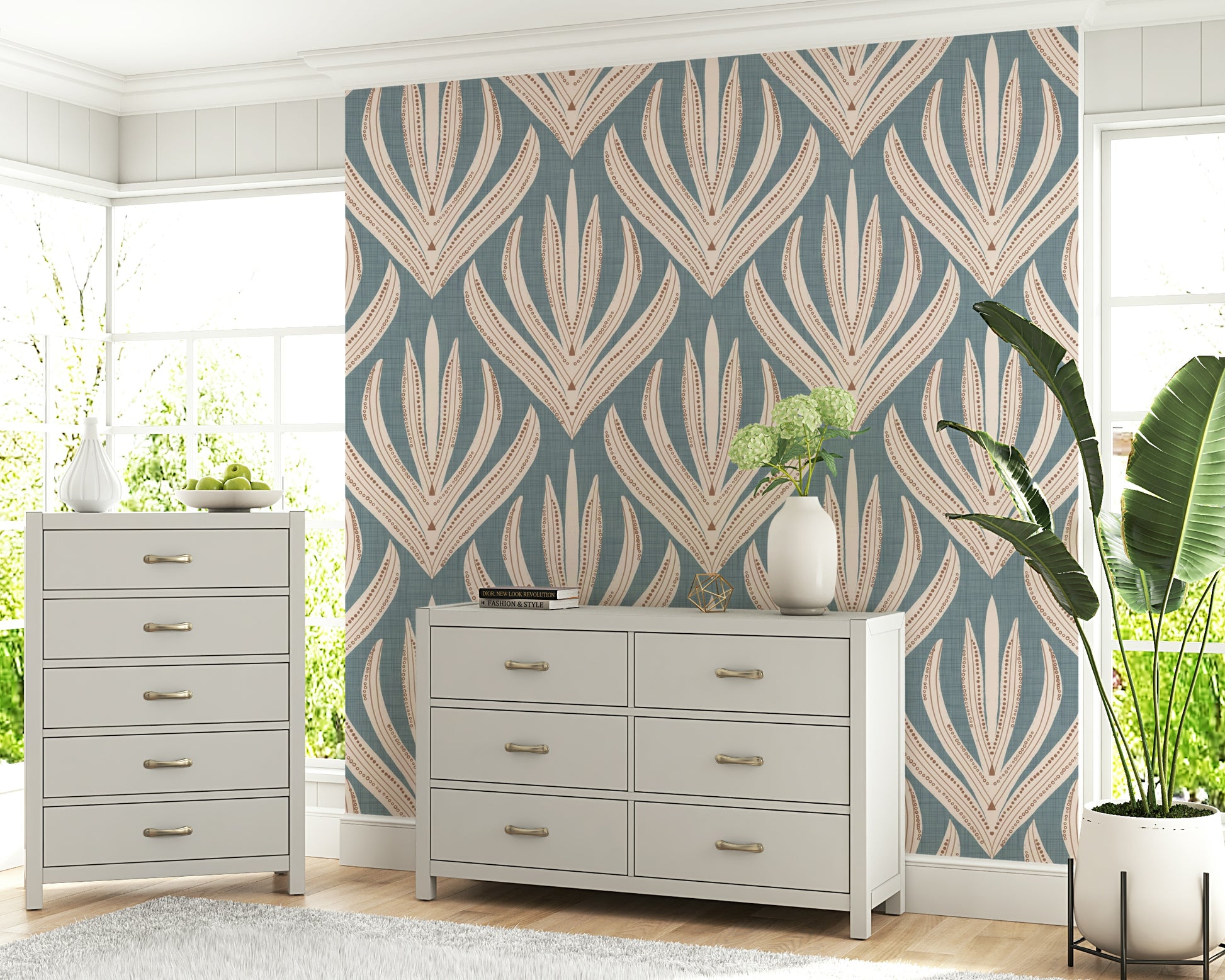Elegant geometric floral wallpaper with cream and muted blue contrasting tones.