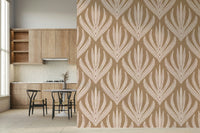 Modern organic wallpaper mural featuring repeated abstract leaf clusters with earthy detailing.