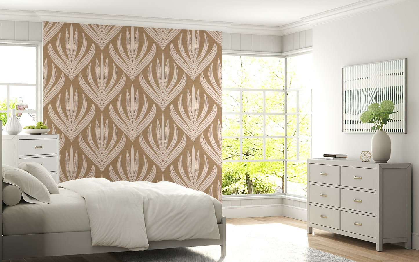 Abstract wallpaper mural with symmetrical organic shapes arranged in a repeating earthy pattern.