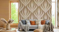 Textured wallpaper mural with repeating leaf-inspired motifs arranged in a soft organic rhythm.