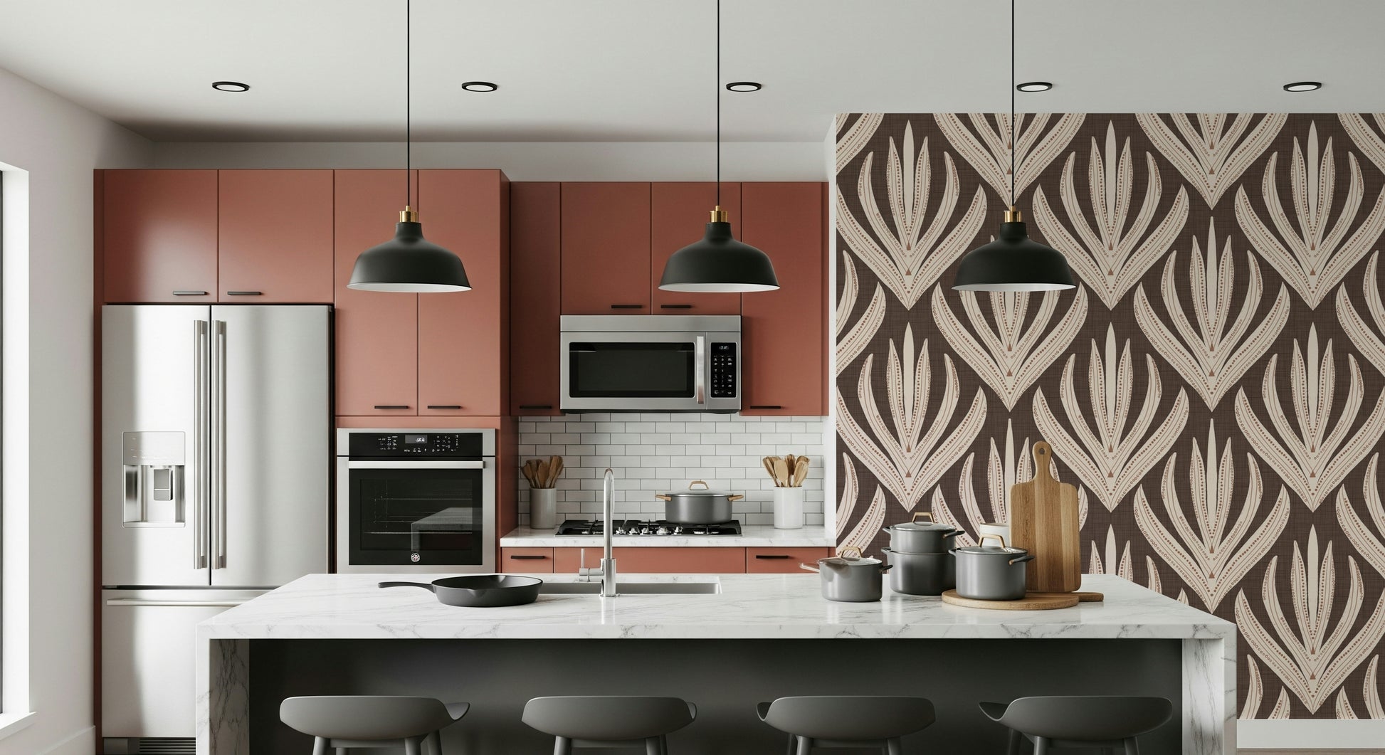 Boho Leaf Symmetry wallpaper showcasing intricate leaf-shaped designs with detailed linework.