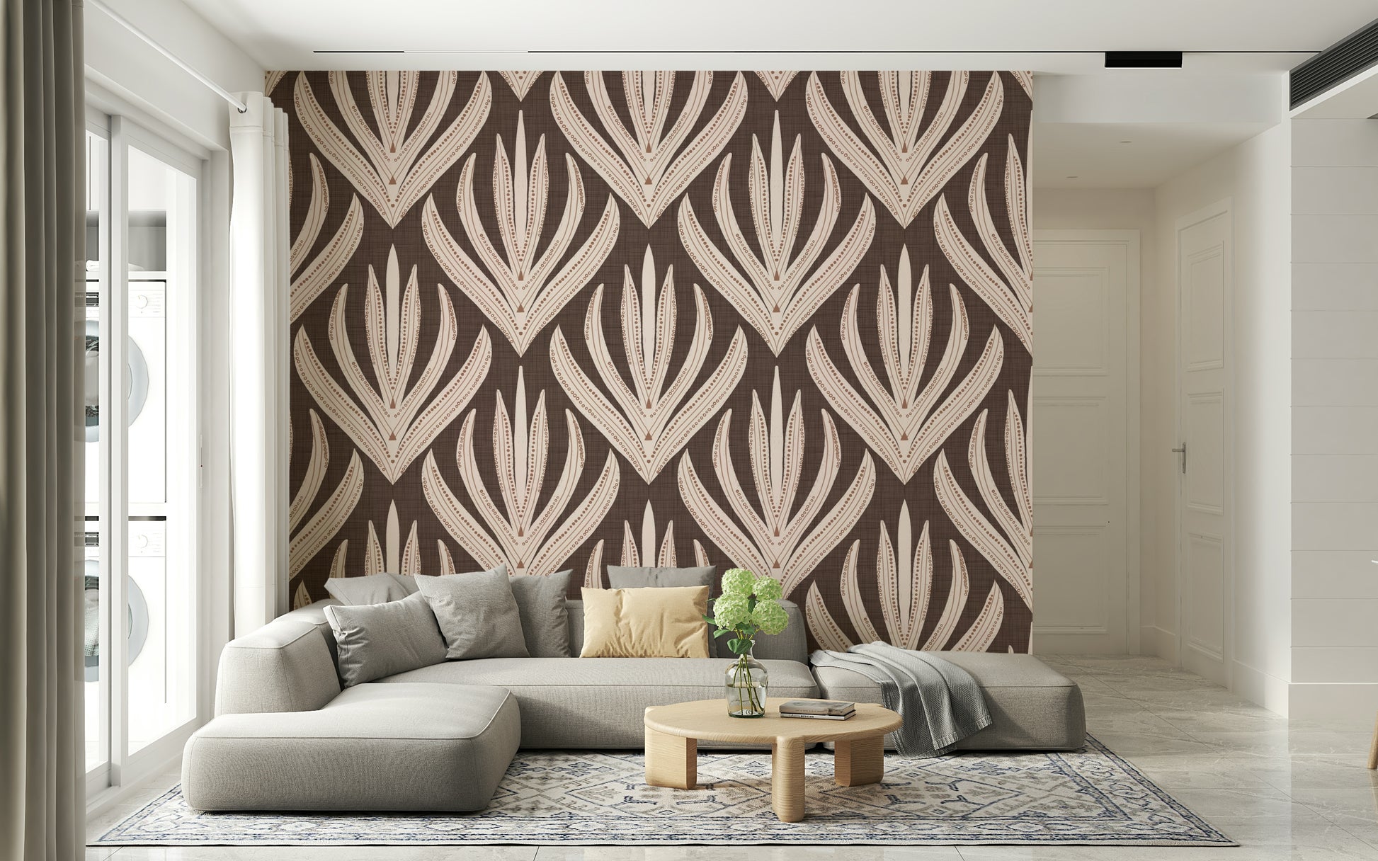 Boho Leaf Symmetry wallpaper with large, repeating leaf shapes forming a rhythmic geometric pattern.