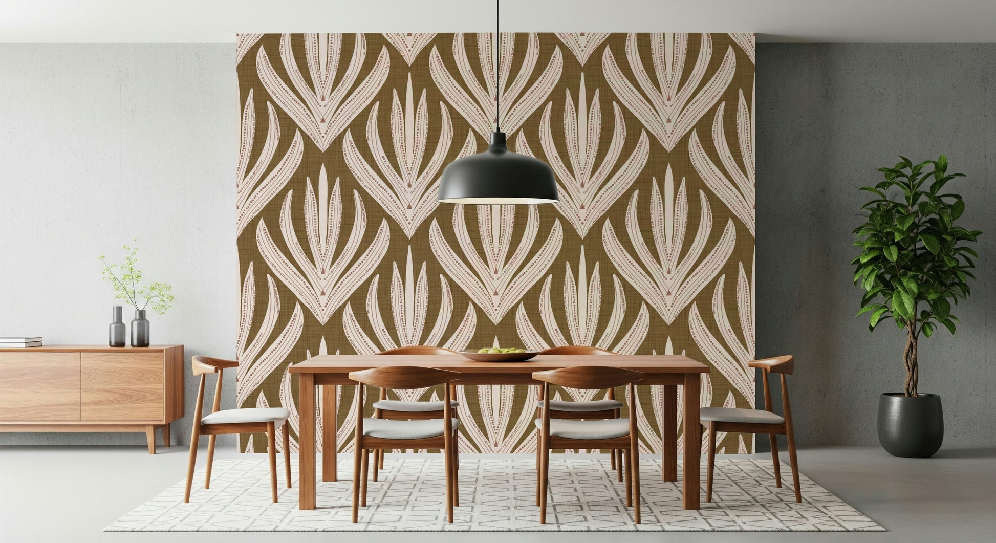 Boho Leaf Symmetry wallpaper featuring repeating stylized leaf motifs in cream and terracotta on a warm brown background.