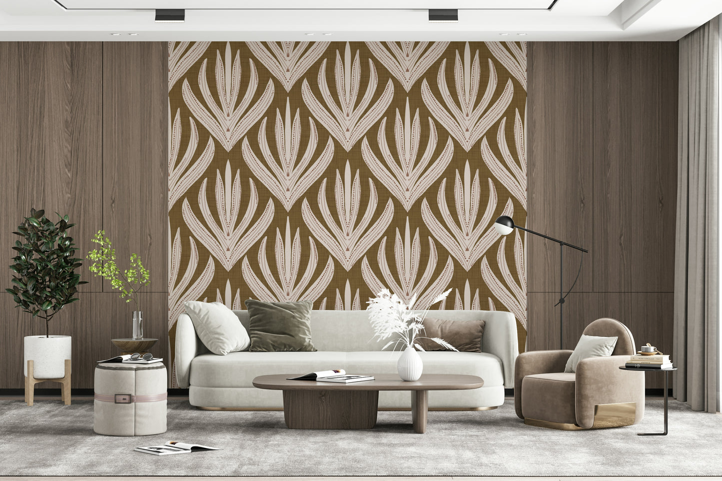 Botanical bohemian wallpaper featuring stylized cream leaves with terracotta accents on a brown base.