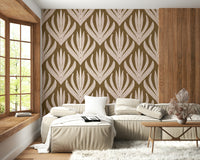 Boho Leaf Symmetry wallpaper mural with ornate leaf clusters and fine decorative markings.