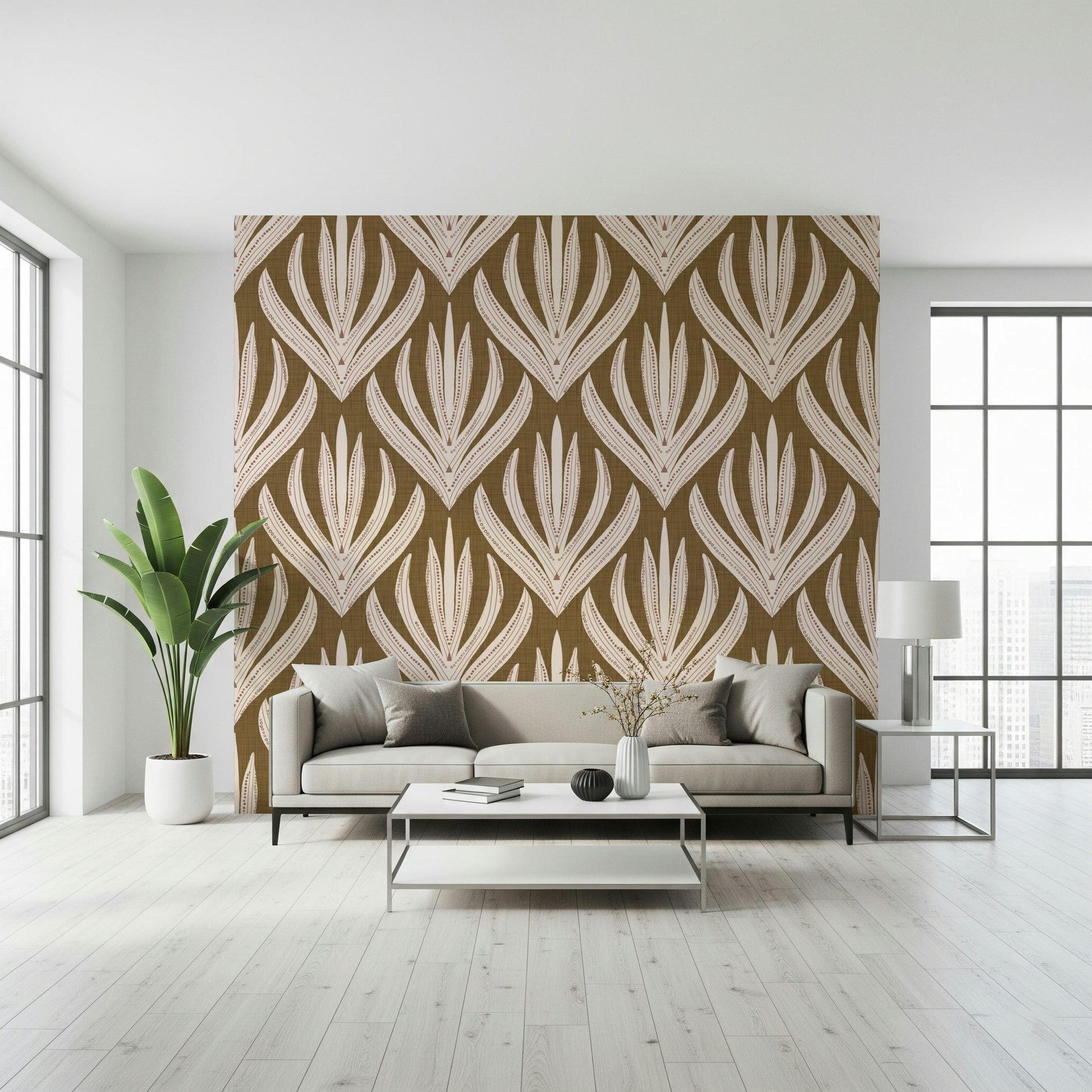 Boho Leaf Symmetry wallpaper showcasing intricate leaf-shaped designs with detailed linework.
