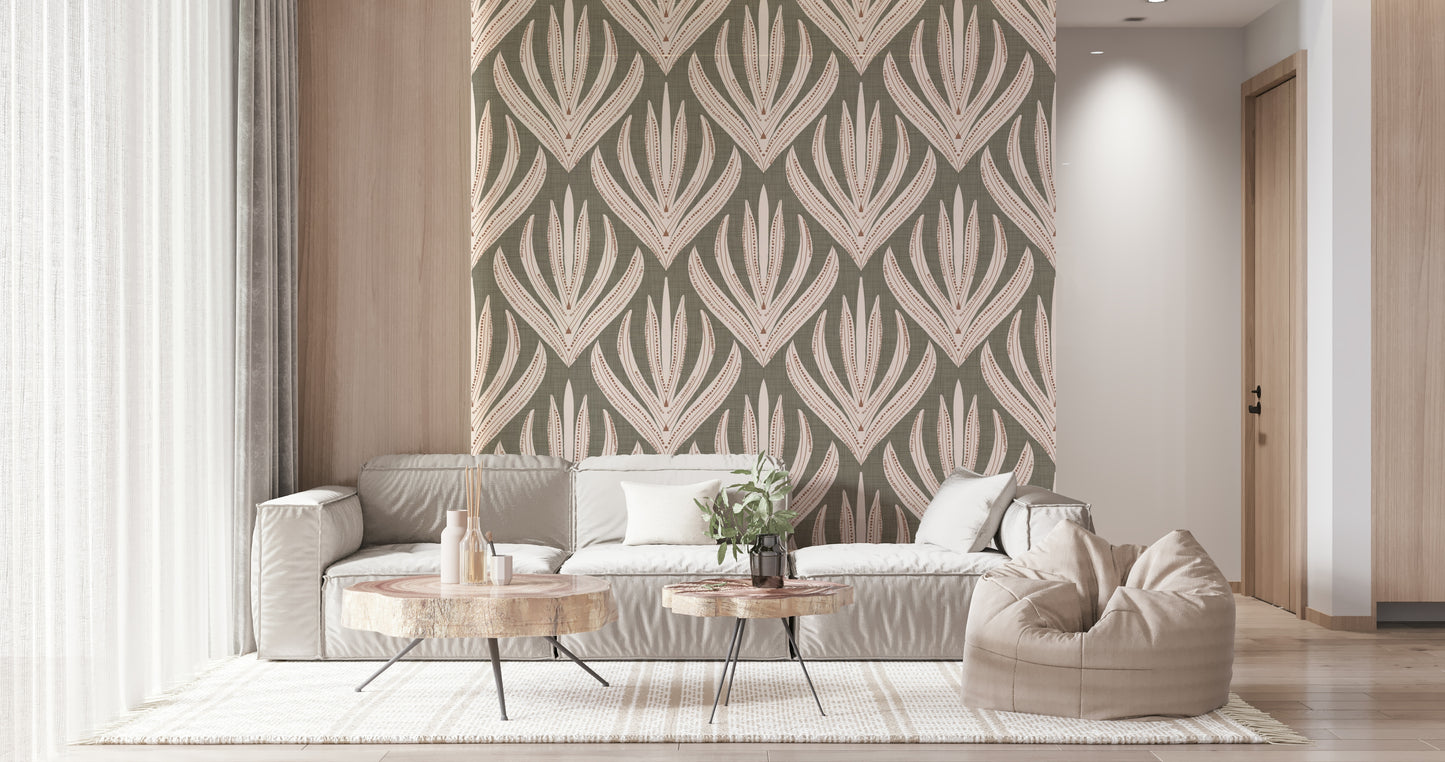 Contemporary wallpaper mural featuring abstract desert flower shapes in muted earthy tones.