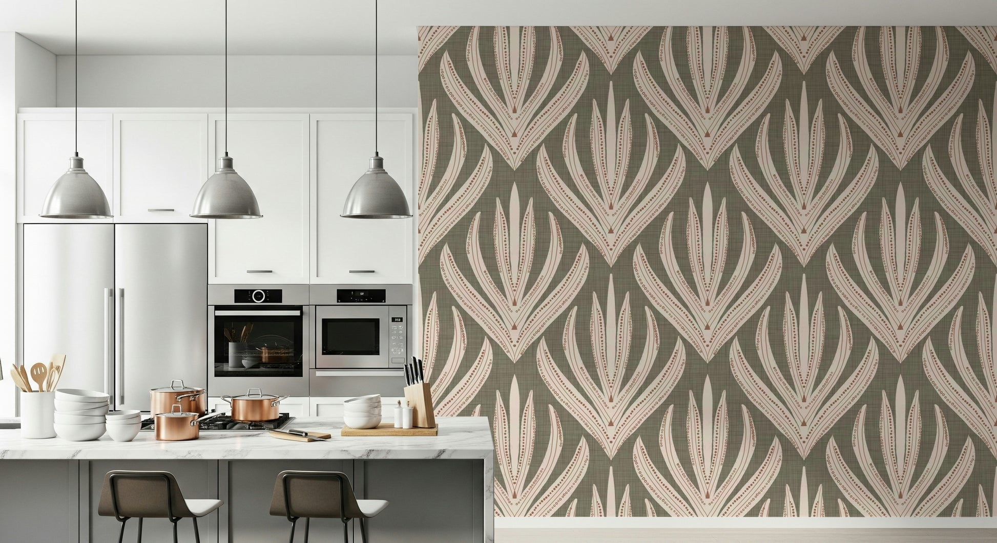 Desert Bloom Echo wallpaper with large repeating botanical forms creating a dramatic natural pattern.