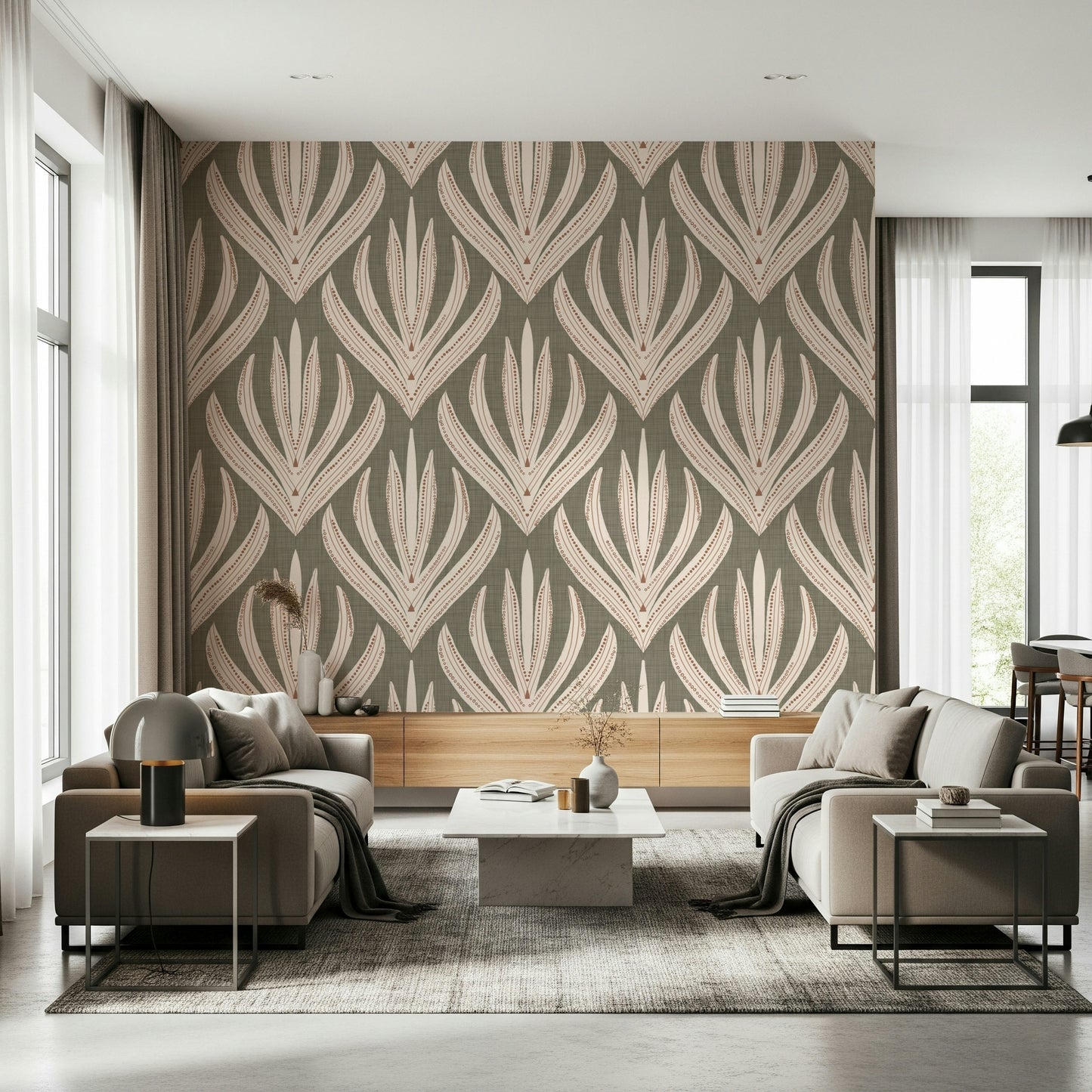 Decorative wallpaper featuring soft pastel botanical patterns arranged in a repeating vertical layout.