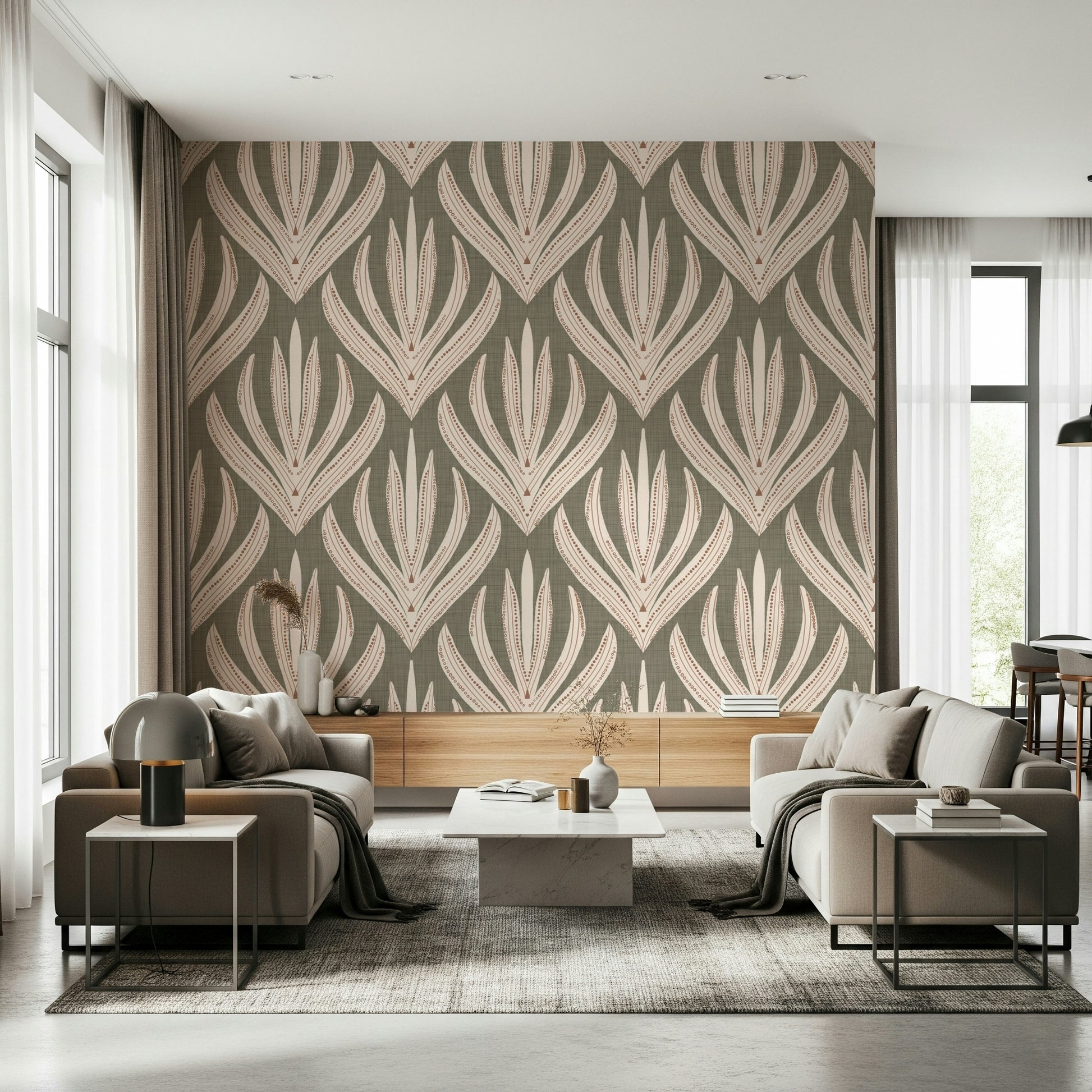 Decorative wallpaper featuring soft pastel botanical patterns arranged in a repeating vertical layout.