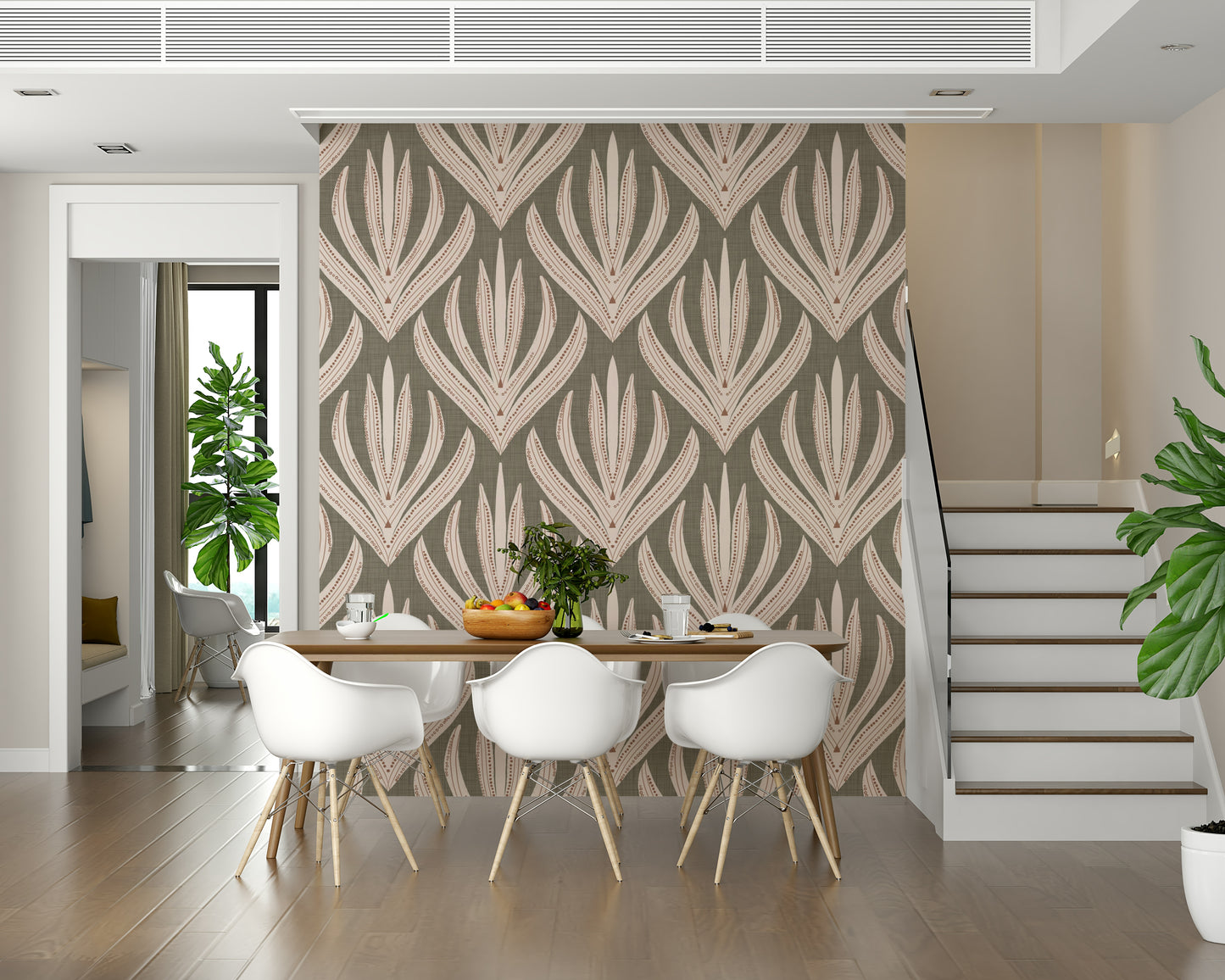 Artistic wallpaper mural with symmetrical desert flora motifs on a textured olive-toned background.