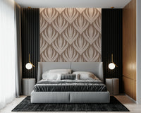 Modern boho wallpaper mural with repeating organic leaf forms and subtle natural tones.