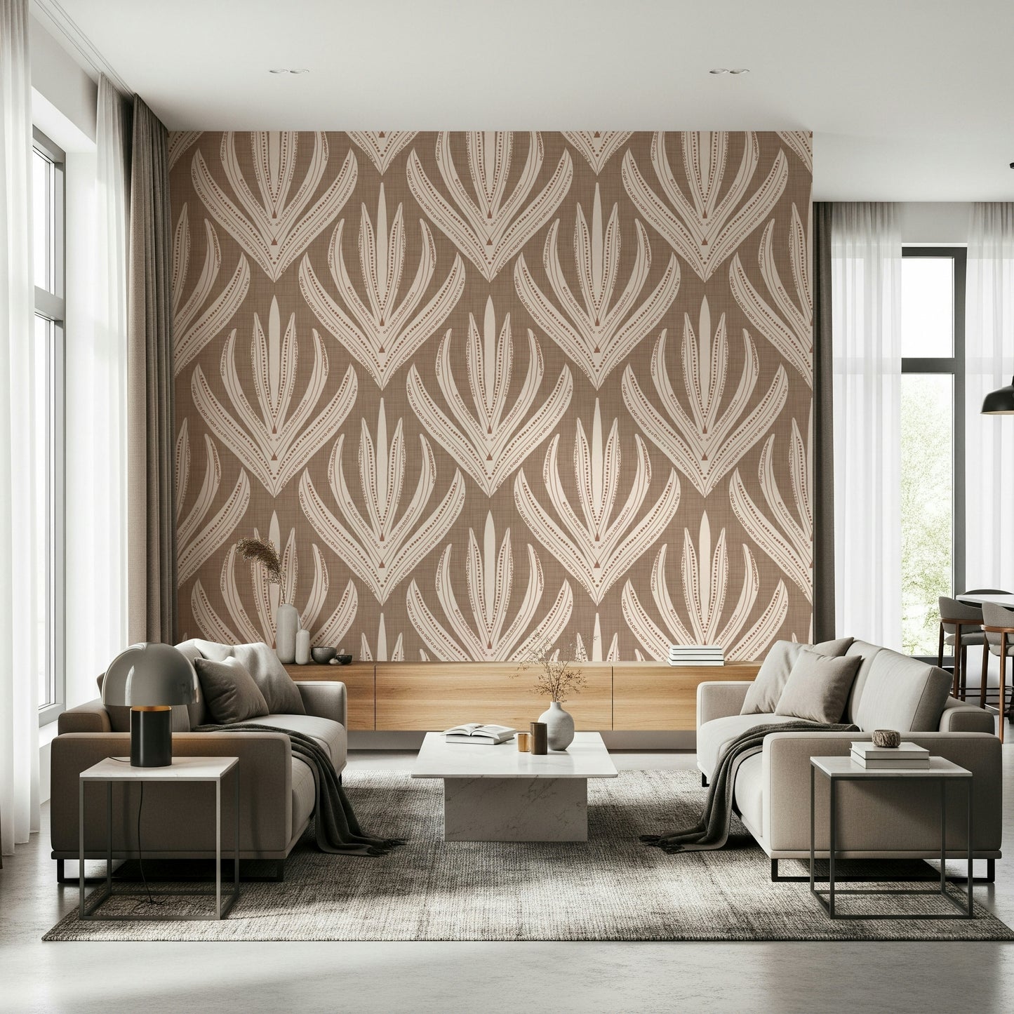 Decorative wallpaper mural with stylized boho plant shapes arranged in a symmetrical pattern.