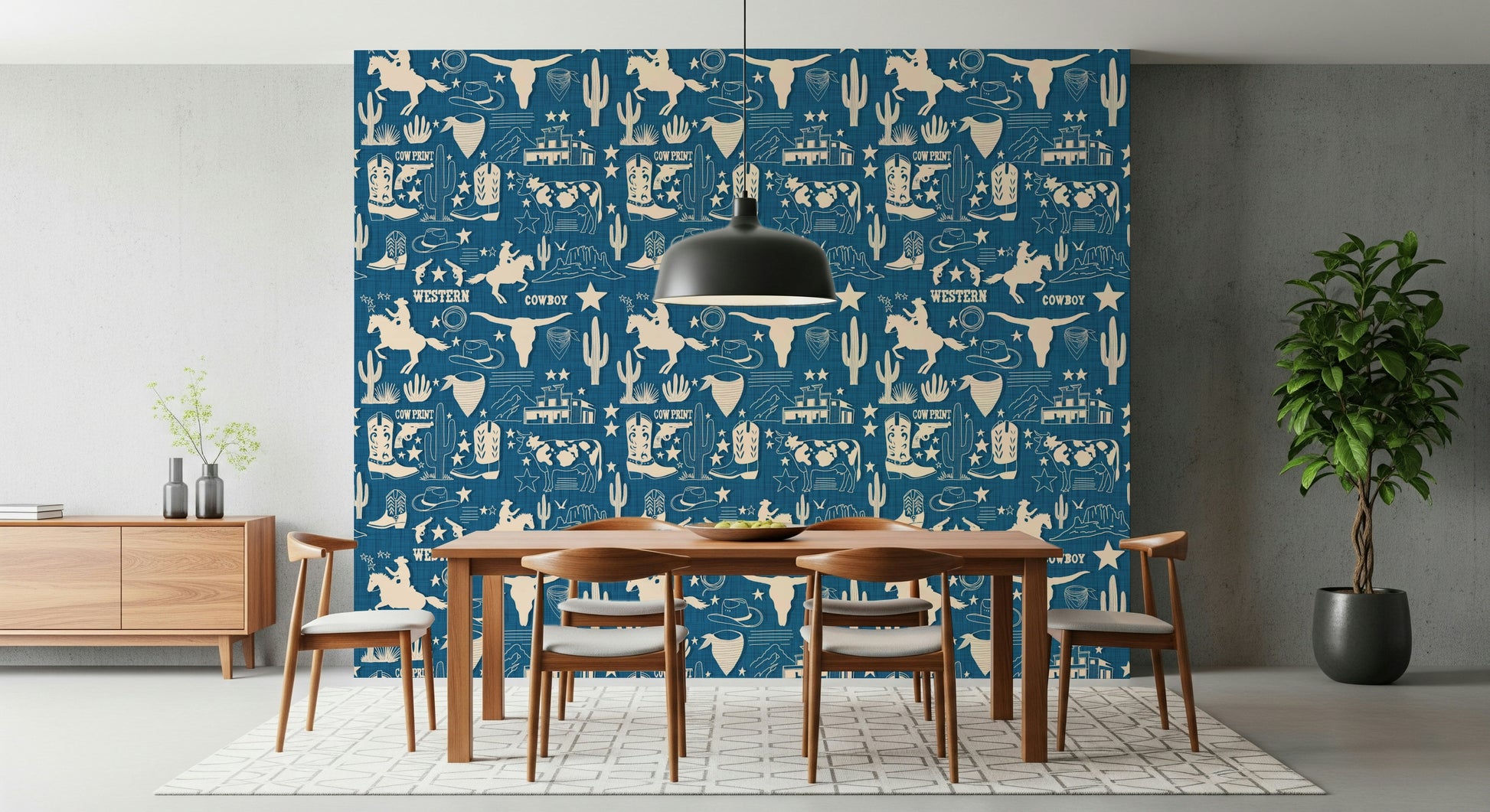 Wild West Blueprint wallpaper mural highlighting western badges, longhorn skulls, and cowboy imagery.