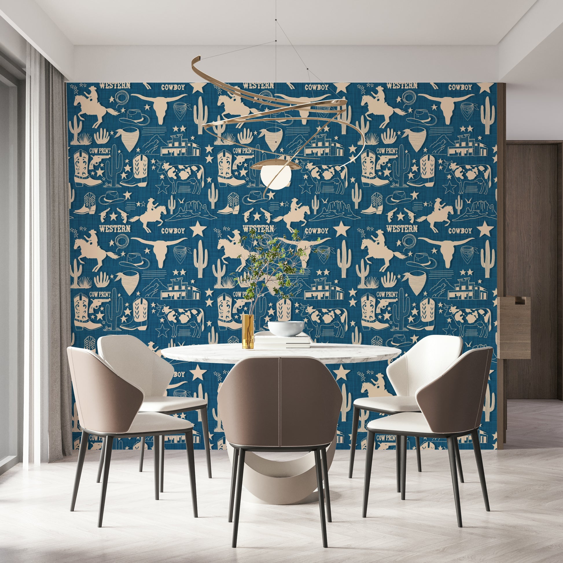Wild West Blueprint wallpaper featuring cream cowboy motifs on a deep blue textured background.
