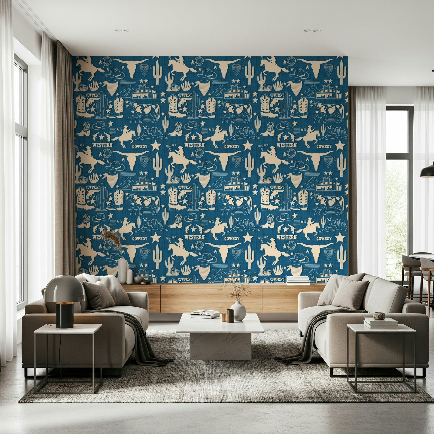 Rustic cowboy wallpaper mural featuring cream line-art symbols on a denim-blue backdrop.