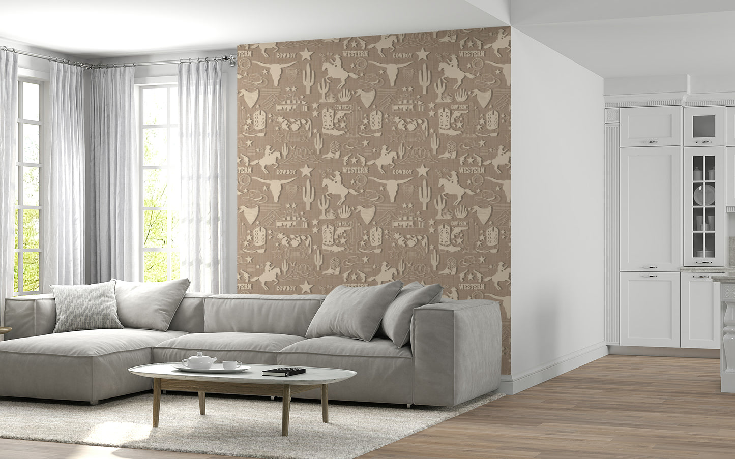 Vintage western wallpaper mural with muted beige cowboy elements arranged in a seamless layout.