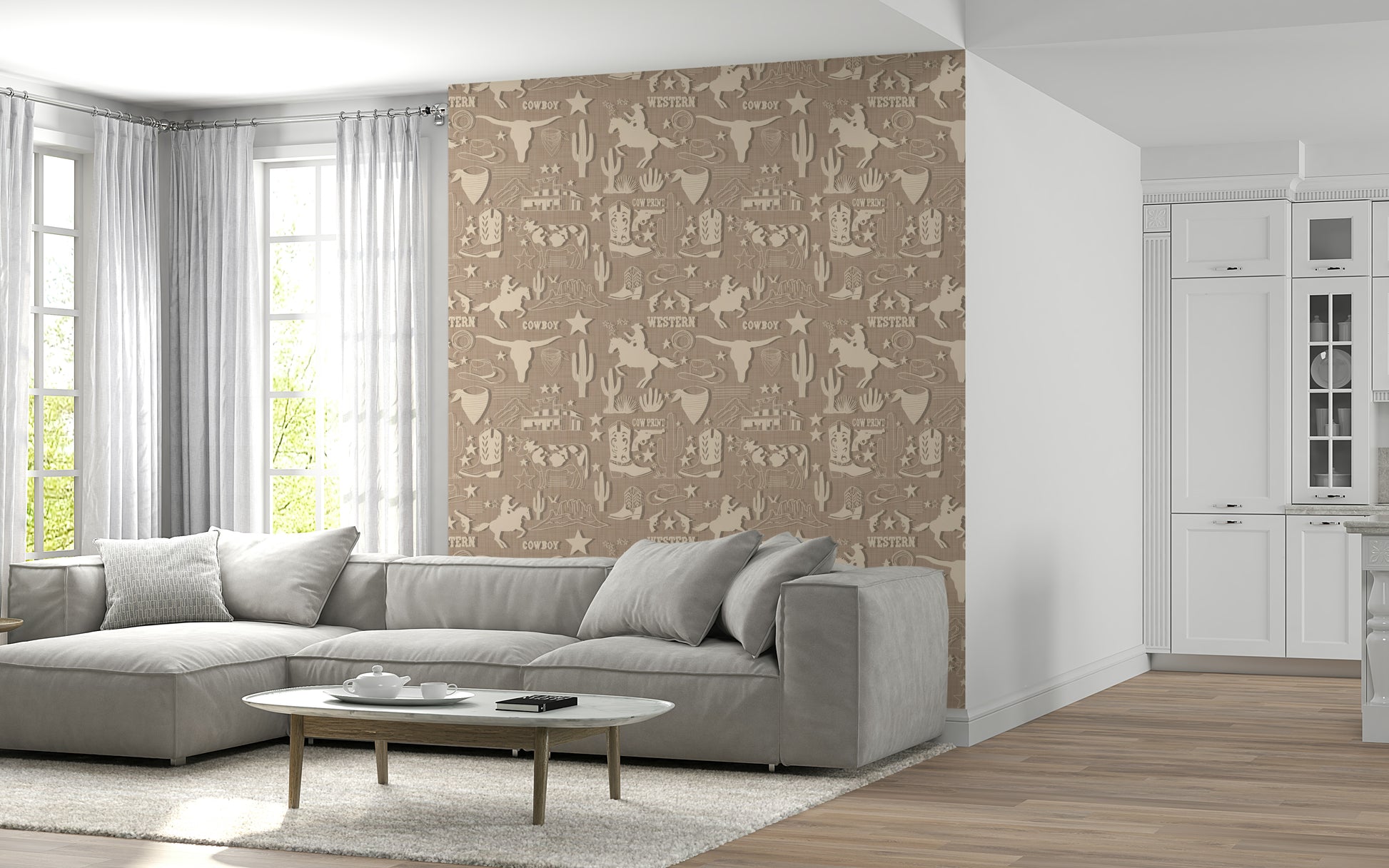 Vintage western wallpaper mural with muted beige cowboy elements arranged in a seamless layout.