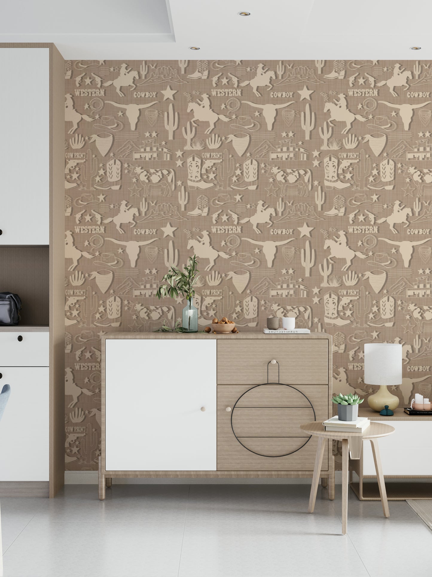 Cowboy-themed wallpaper mural with soft neutral western graphics and hand-drawn motifs.