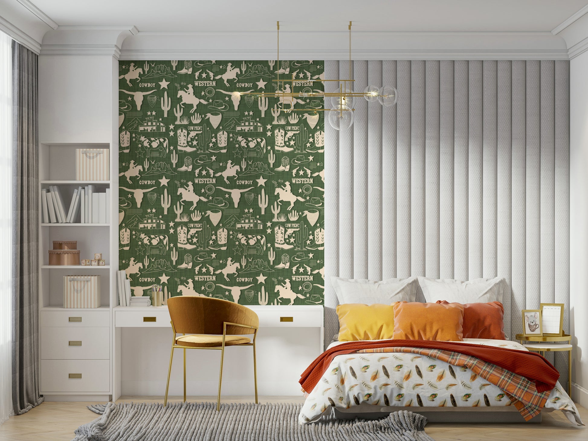 Western-style wallpaper mural with sketched cowboys, boots, horses, stars, and rustic icons.