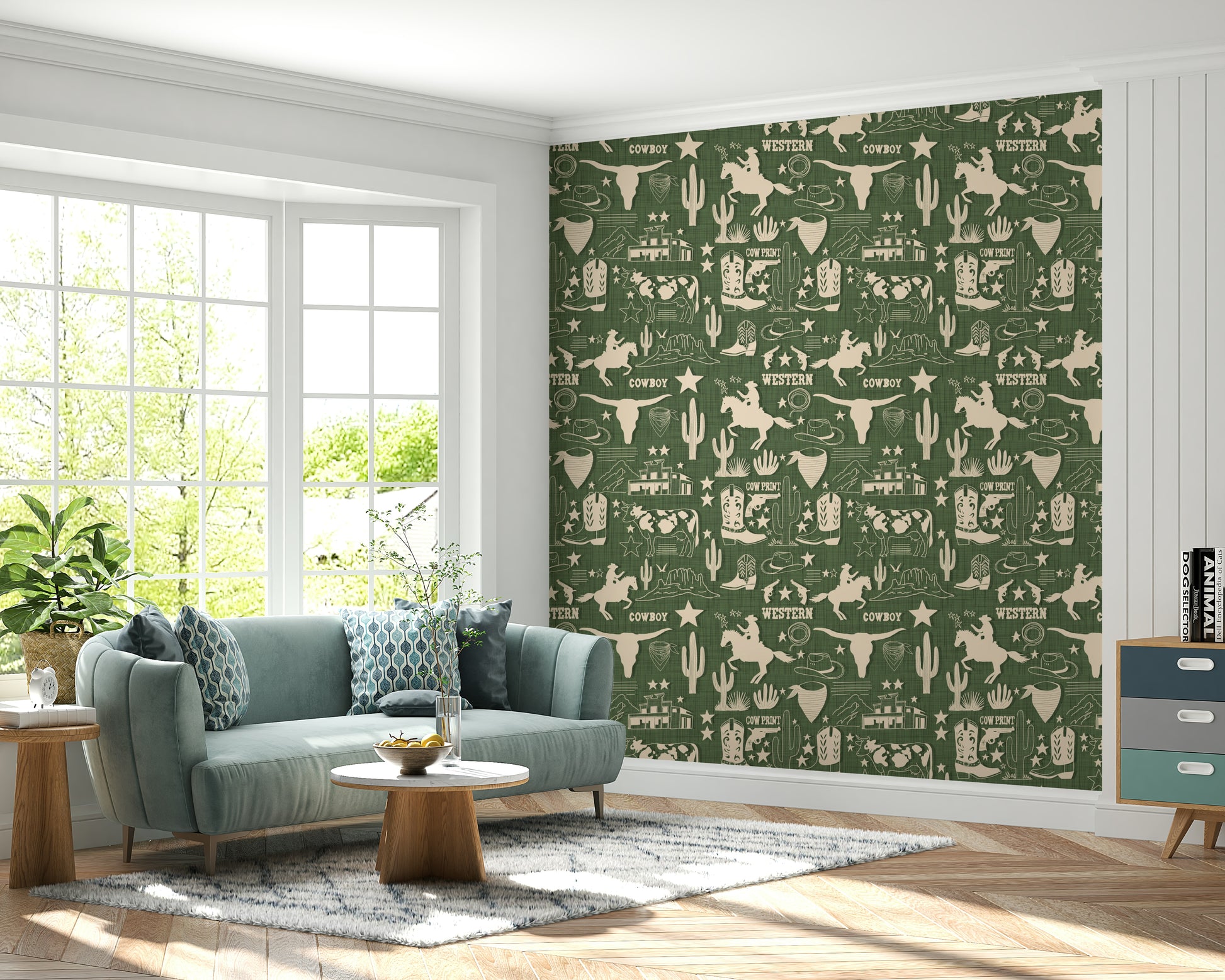 Wild West Sketch wallpaper showcasing vintage cowboy illustrations arranged in a repeating pattern.