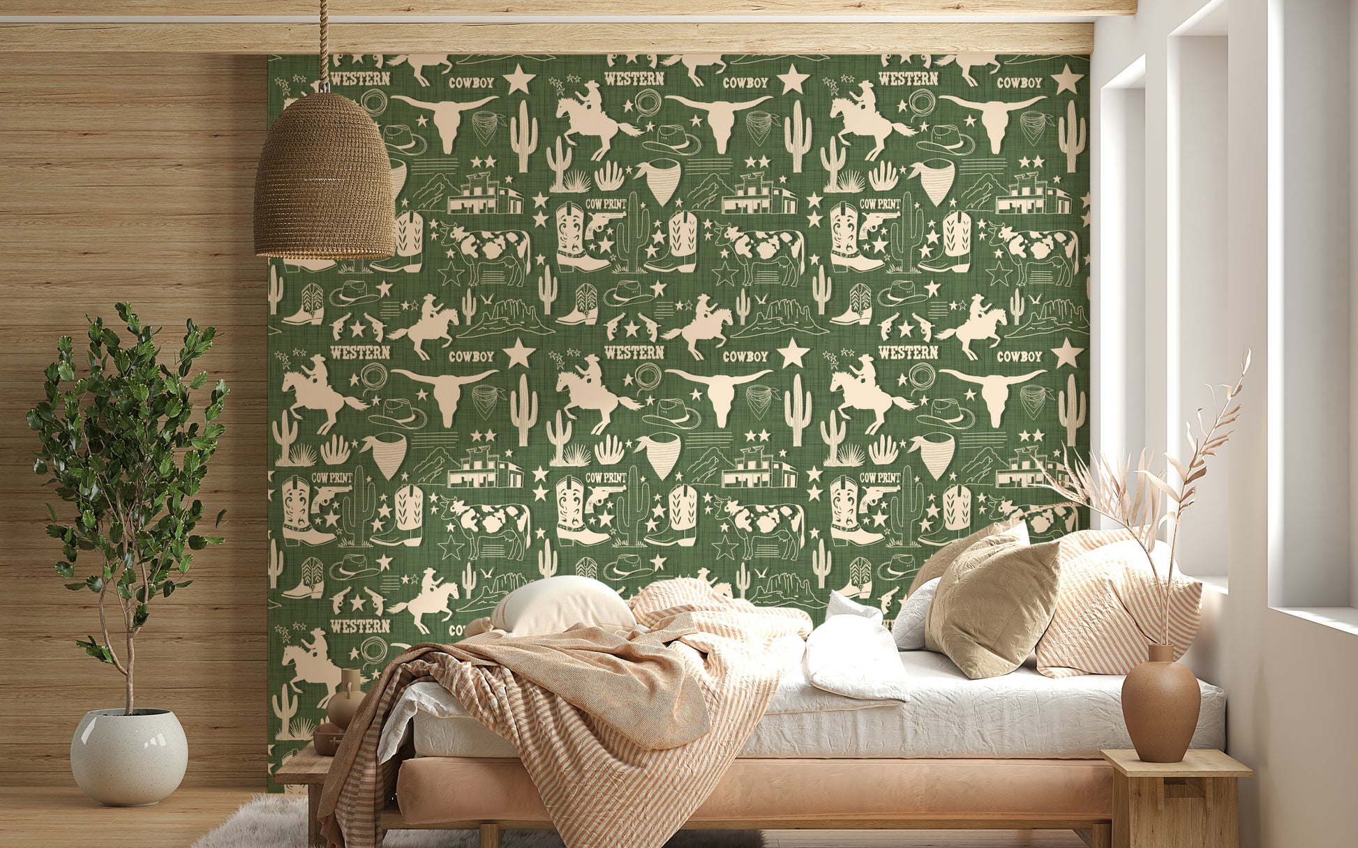 Artistic wallpaper mural with rough sketch-style western motifs in a seamless layout.